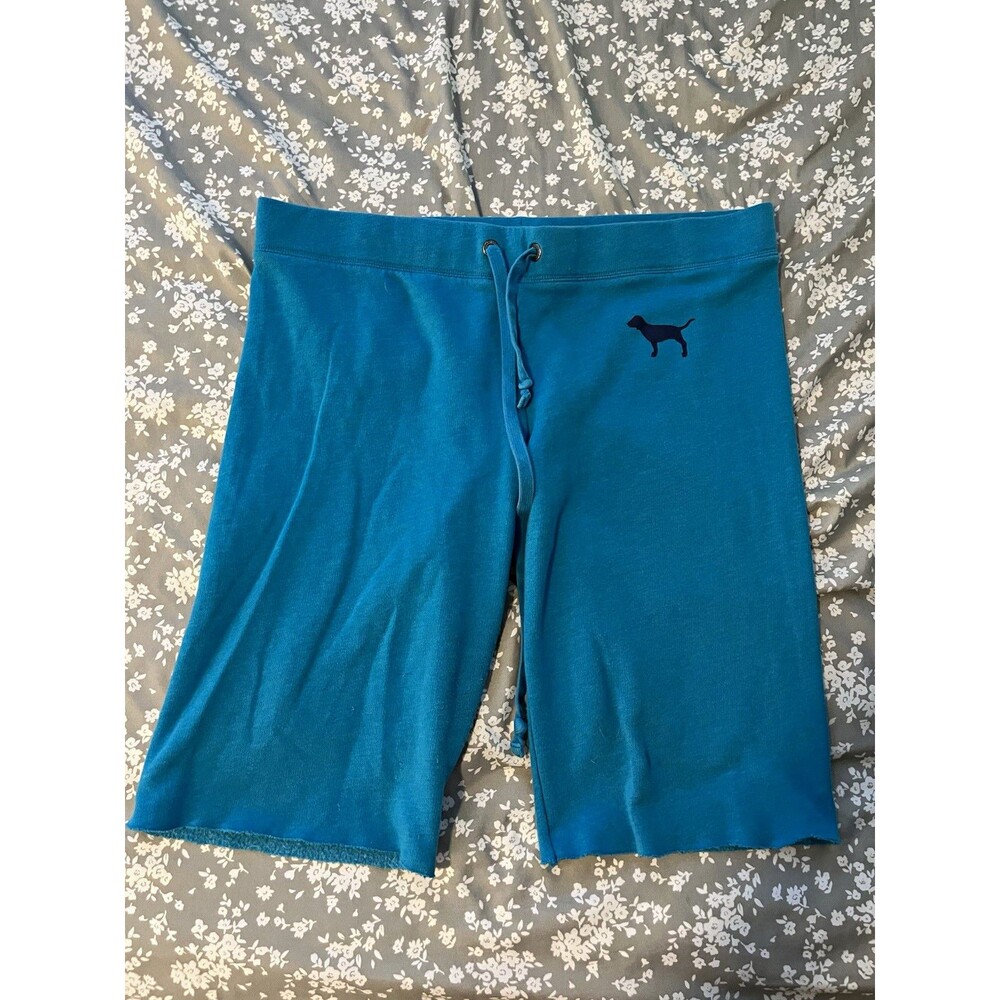 Y2K Victoria Secret PINK Sweat Shorts L Blue Teal Graphic Logo Back Dog Logo